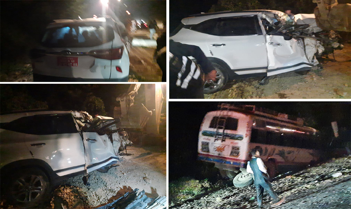 धरानको तीनकुने छेऊमा कार र बस जुधे