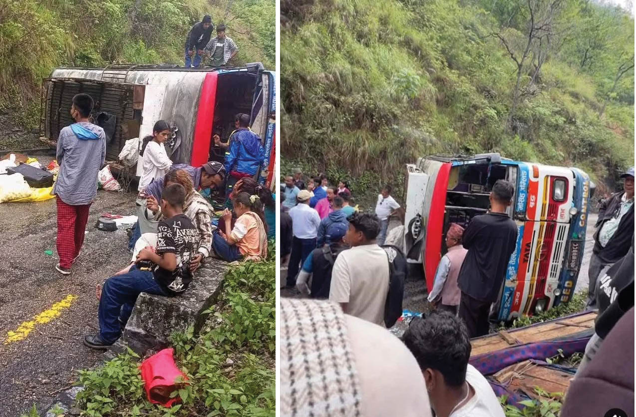 धरान आउँदै गरेको बस धनकुटाको मूलघाटमा दुर्घटनामा, ११ जना घाइते
